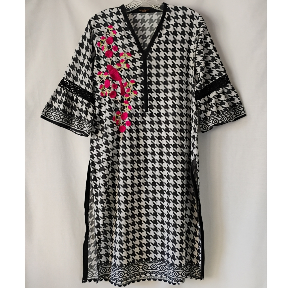 Women's Agha Noor Kurti Floral Black & White Aztec Tunic Lace 3/4 Bell Sleeves M